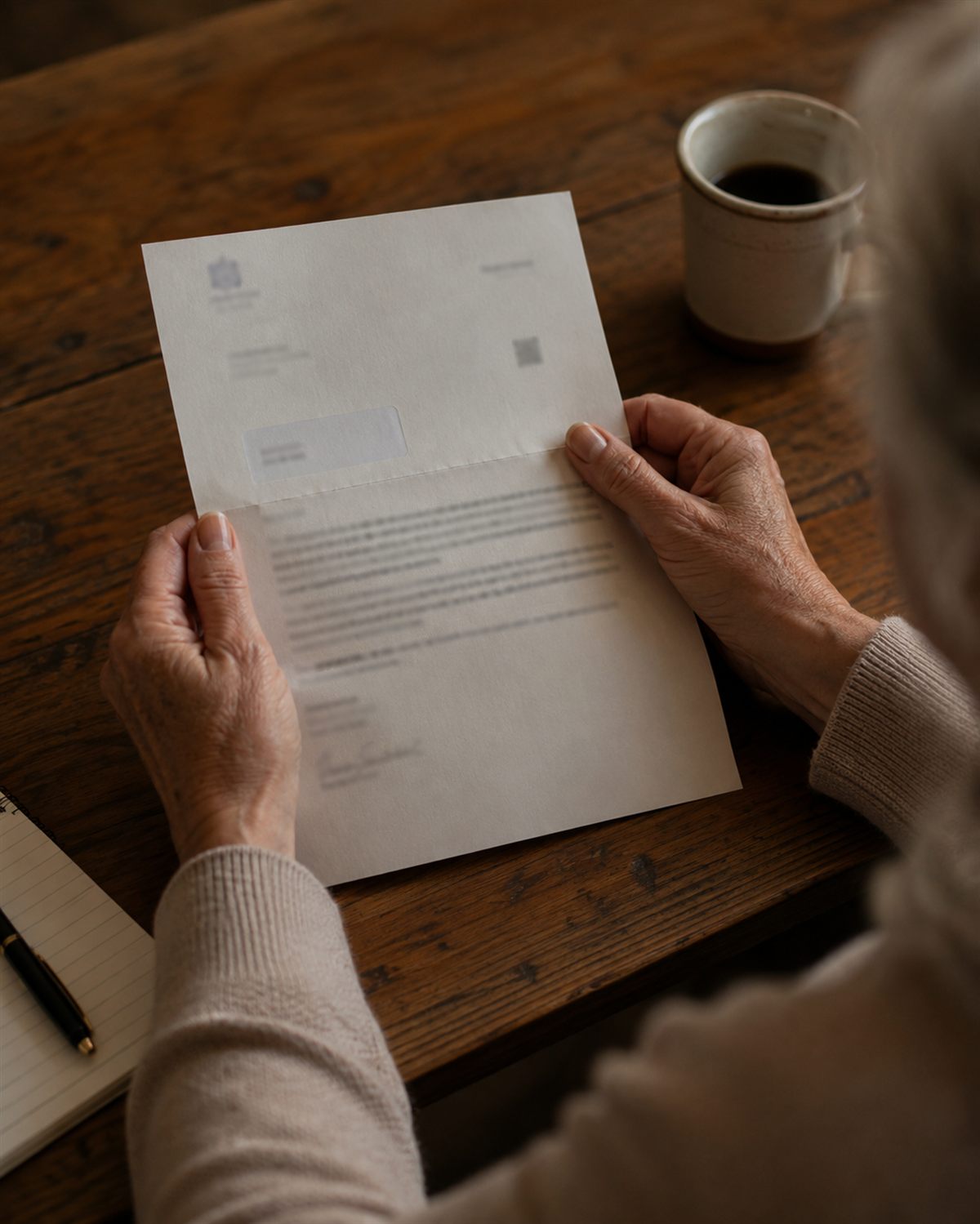 Close overhead view of a pair of older hands holding an opened letter above a wooden table.