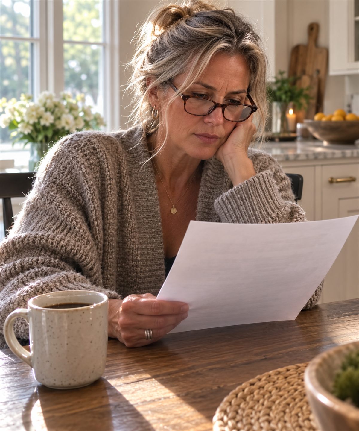 A woman in her fifties sitting at a kitchen table in morning light, reading a letter from her insurer.