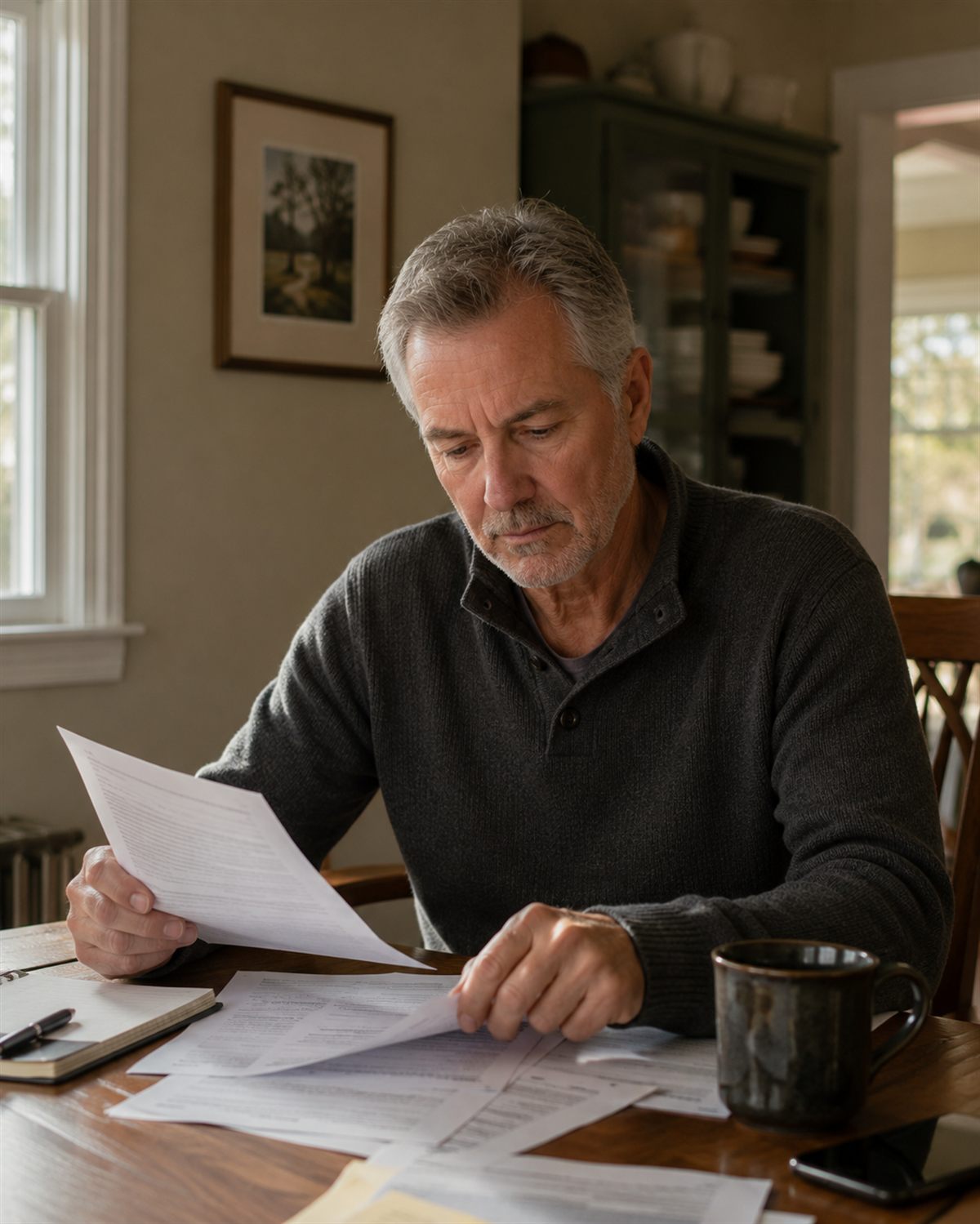 A man in his sixties at a dining table, going through a spread of insurance paperwork.